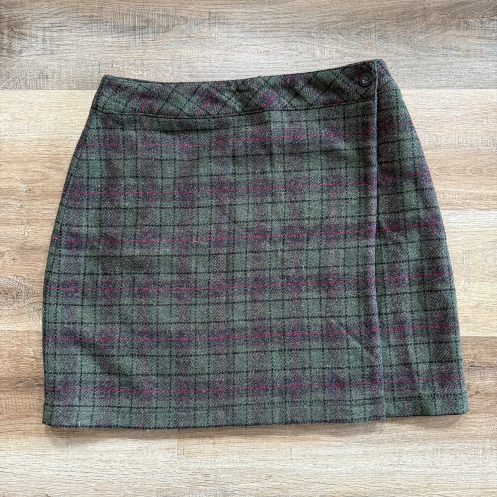 Vintage GH Bass & Co. Womens Plaid Wool Blend Mini Skirt, Green Red, Cozy